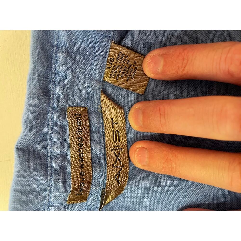 Axist‎ Men's 100% Linen Button Up Shirt Blue Solid Short Sleeve Business Casual - Picture 9 of 11